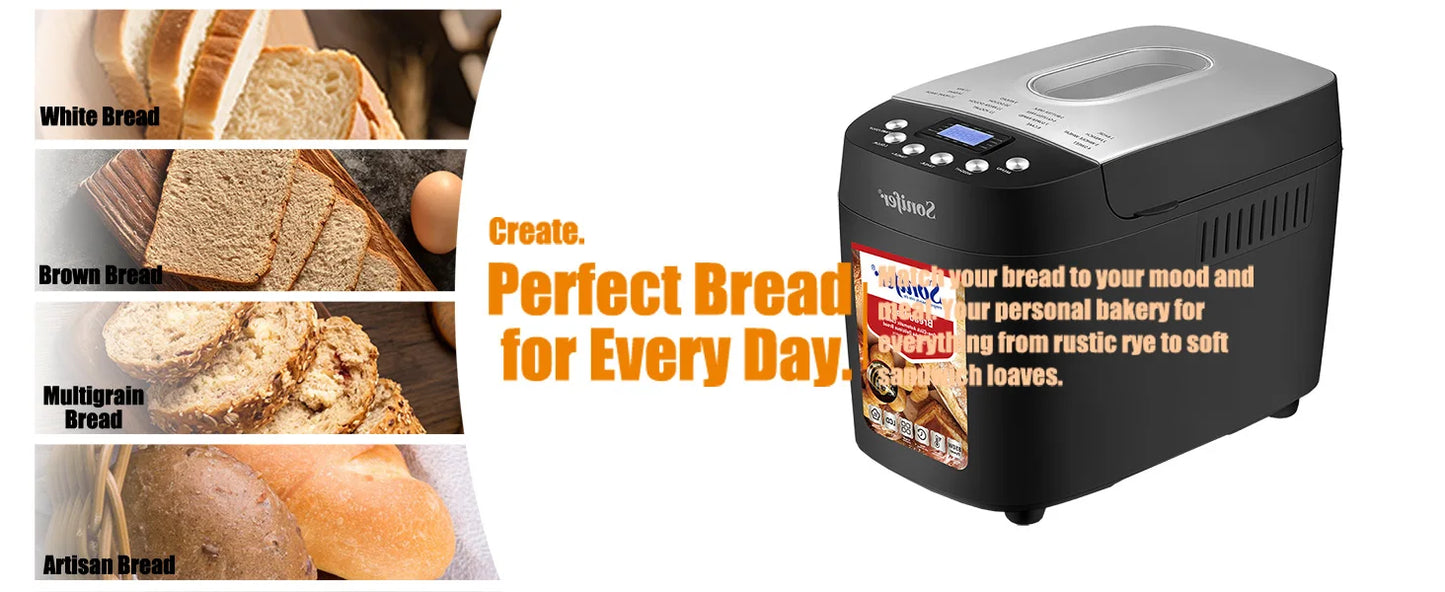 Sonifer 1500g Automatic Bread Maker SF-4025, Dual Kneading Hooks, 15 Programs, 15H Timer, 3 Crust Settings, Keep Warm