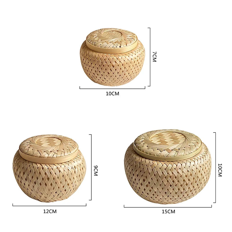Bamboo Storage Basket With Lid Double Layer Handmade Woven Tea Basket Tabletop Storage Box for Tea Fruit Dried Fruit Snack Food