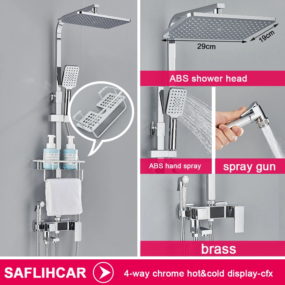 Black Display Thermostatic Shower Faucet Set Rainfall Bathtub Tap With Bathroom Shelf Water Flow Produces Electricity