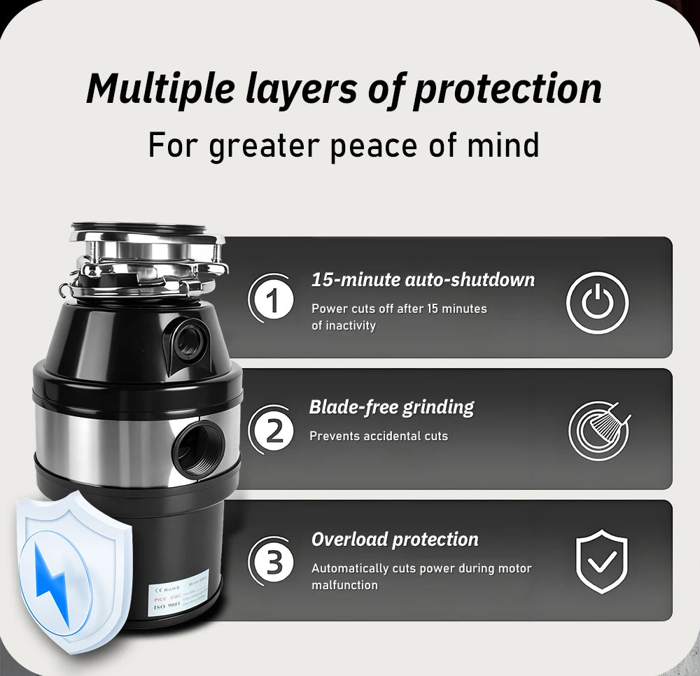 Electric Kitchen Food Waste Disposer – Heavy-Duty Under-sink garbage disposal unit with 220V, 550W power. Efficiently grinds food waste for easy kitchen cleanup.
