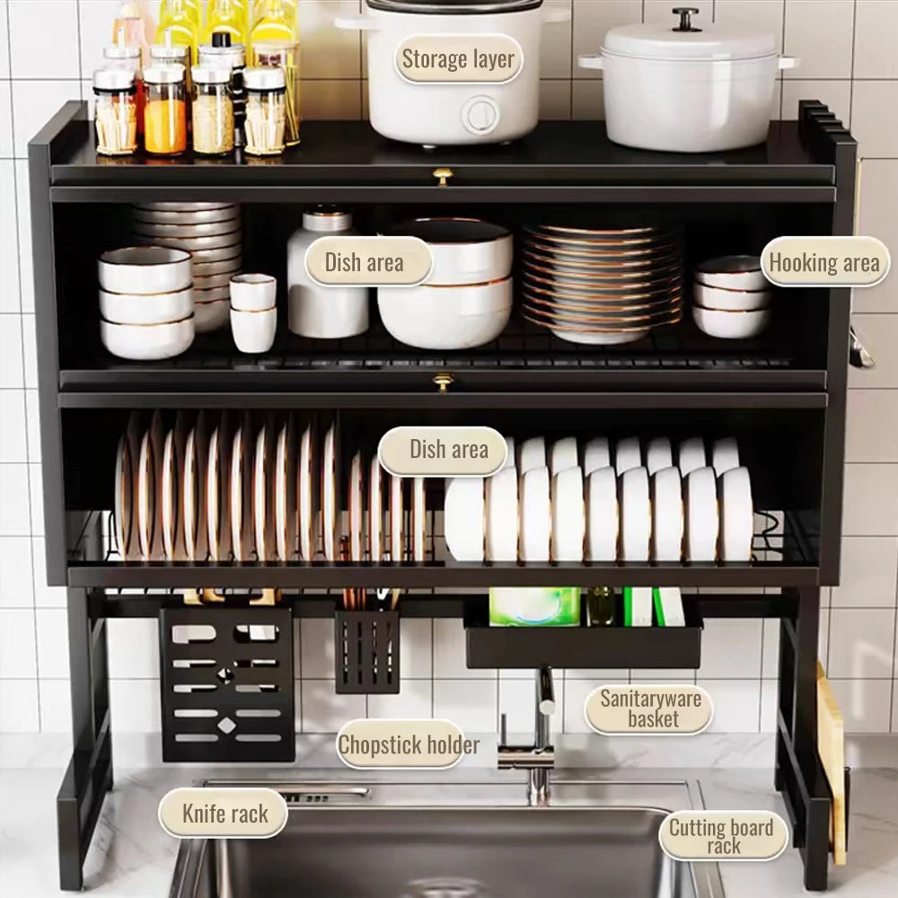 Sink Dish Rack Cabinet Organizer with Utensil Holder Scalable Adjustable Drain Rack Tabletop Plates/Bowl/Cutting Board Organizer
