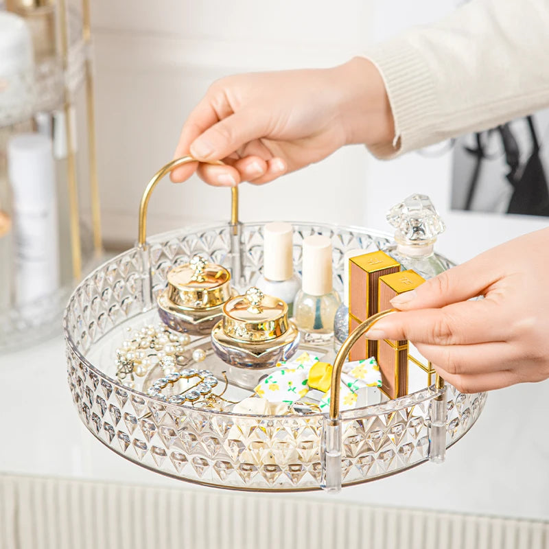 360° Rotating Cosmetic Organizer – 3-Tier Design Transparent diamond pattern rack with smooth rotation. Stylish, space-saving storage for bathroom or vanity essentials.