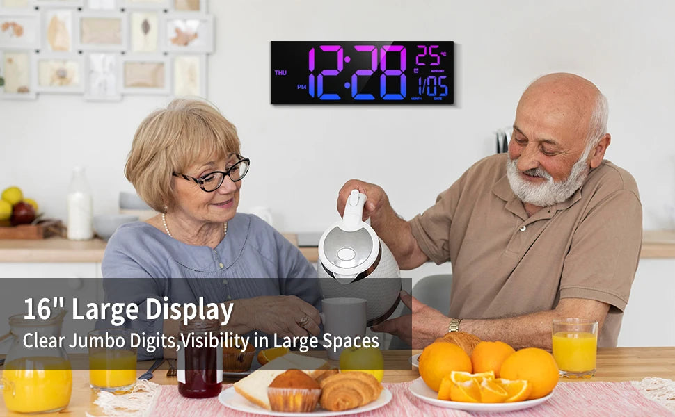 8 Colors Digital Wall Clock 16.2" Large Digital Clock with Temperature Date Auto DST Night Light Auto Brightness Dimmer