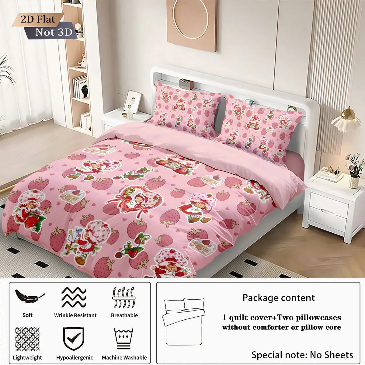 3pcs Pink Strawberry Girl Printed Down Duvet Cover Set, Multi Size Bedroom Bedding Decoration, Machine Washable