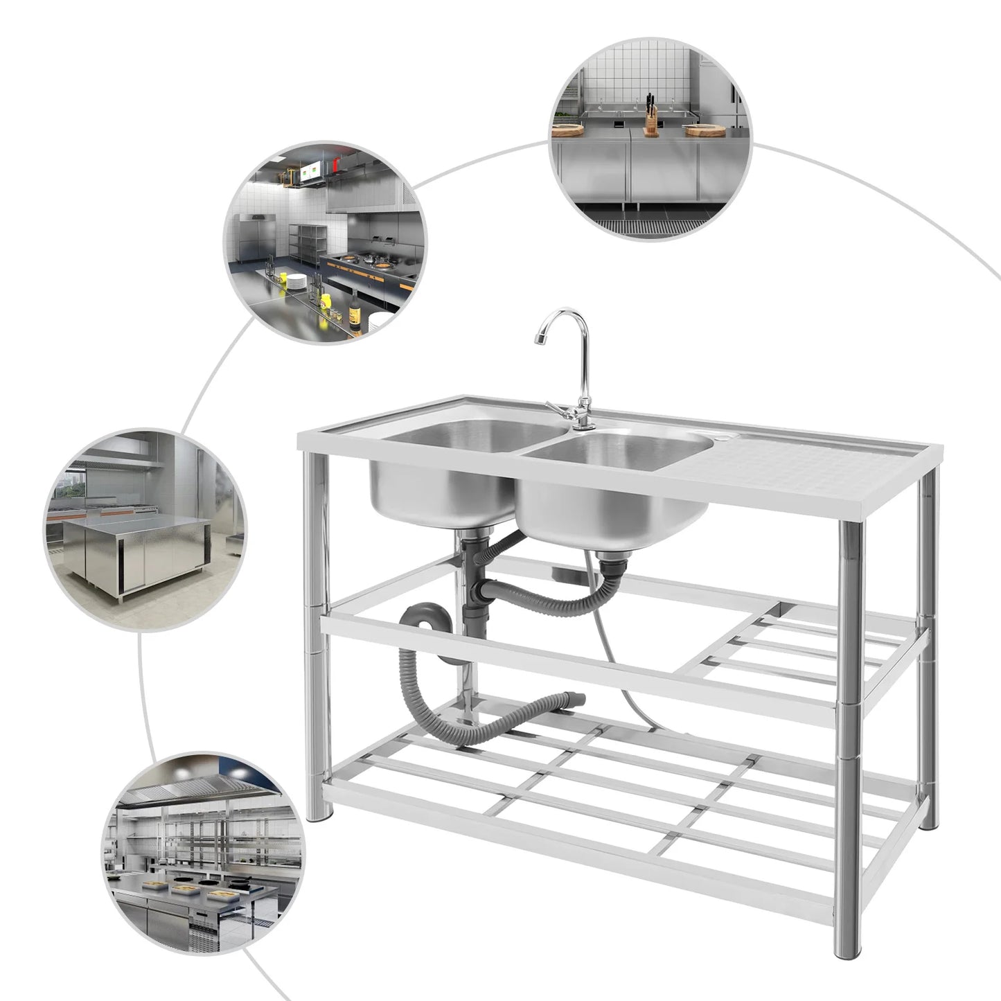 Commercial Sink Double Bowl Stainless Steel Sink Free-Standing Utility Sink Restaurant Kitchen Sink with Double Faucet Holes