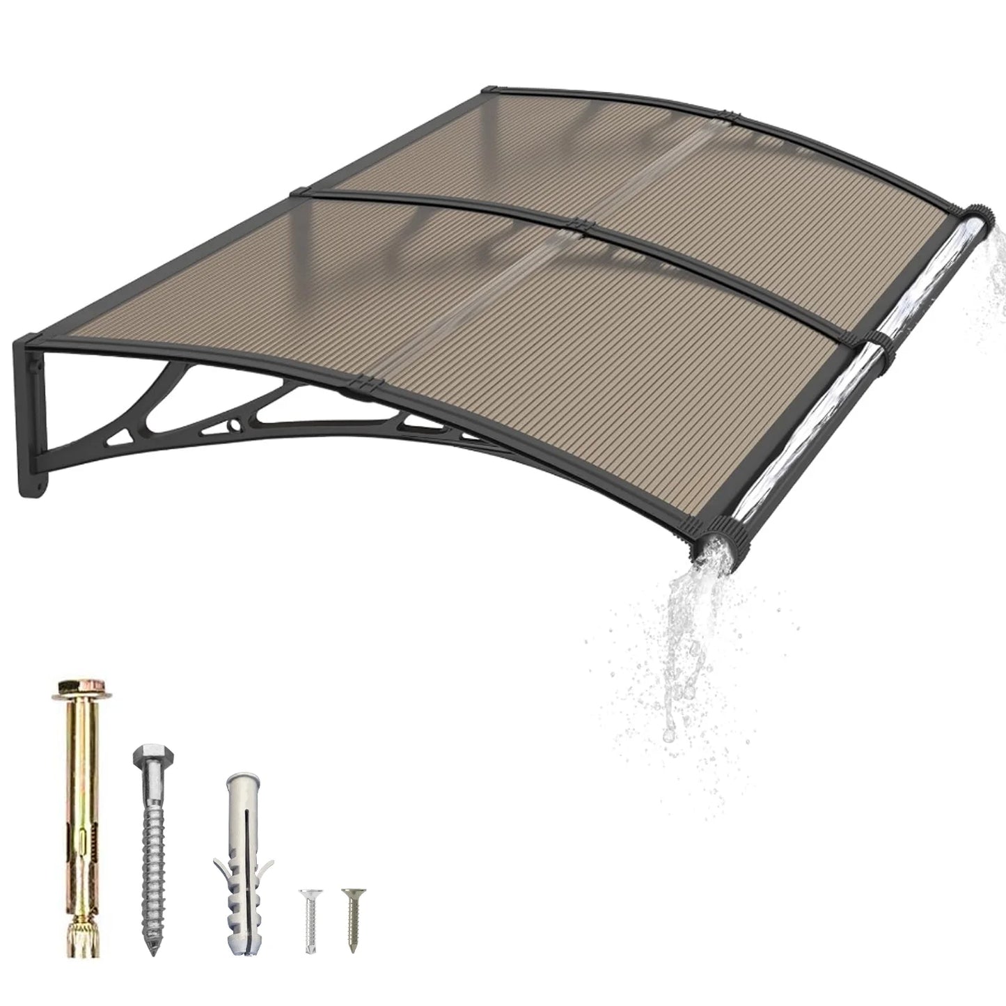 Large Polycarbonate Gutter Awning for Door Entrance Sun Shade and Rain Snow Protection Canopy for Patios and Yards Brown Board