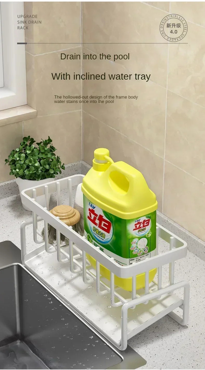 Space Saving Kitchen Sink Dish Rack Sponge Holder Water Drain Basket Countertop Storage Organizer for Cleaning Supplies