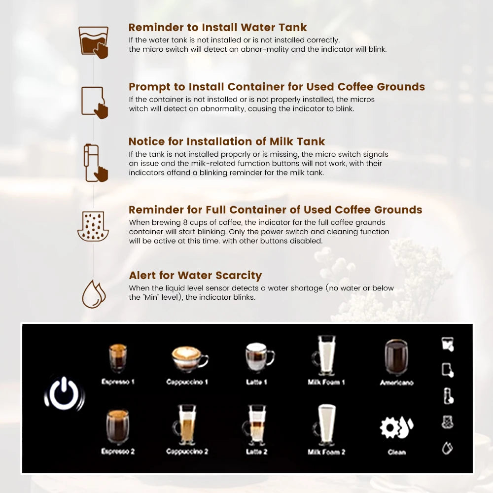 AM7203 Automatic Espresso Machine Features built-in milk frother and water tank, touchscreen control, and 7 coffee varieties. Perfect for easy, café-style drinks at home.