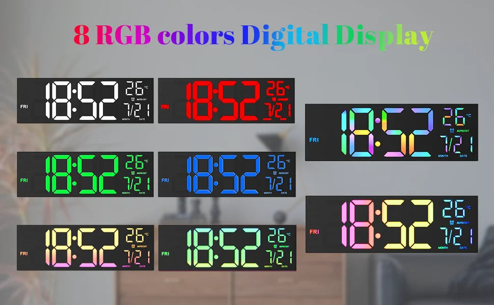 Digital Wall Clock Large Display 16.2" Digital Wall Clock with RGB Color Changing Remote Control Automatic Brightness LED Watch
