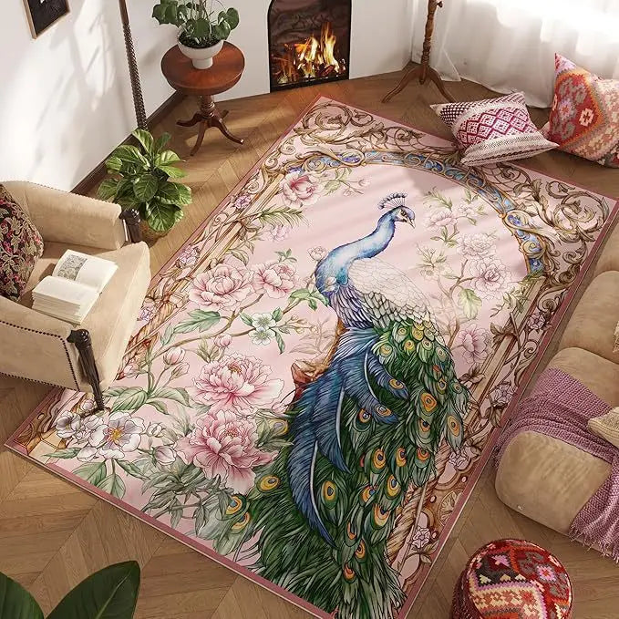 Vintage Peacock Large Area Living Room Carpet Animal Anti Slip Sofa Coffee Table Floor Mat Washable Bedroom Bedside Home Rug 러그