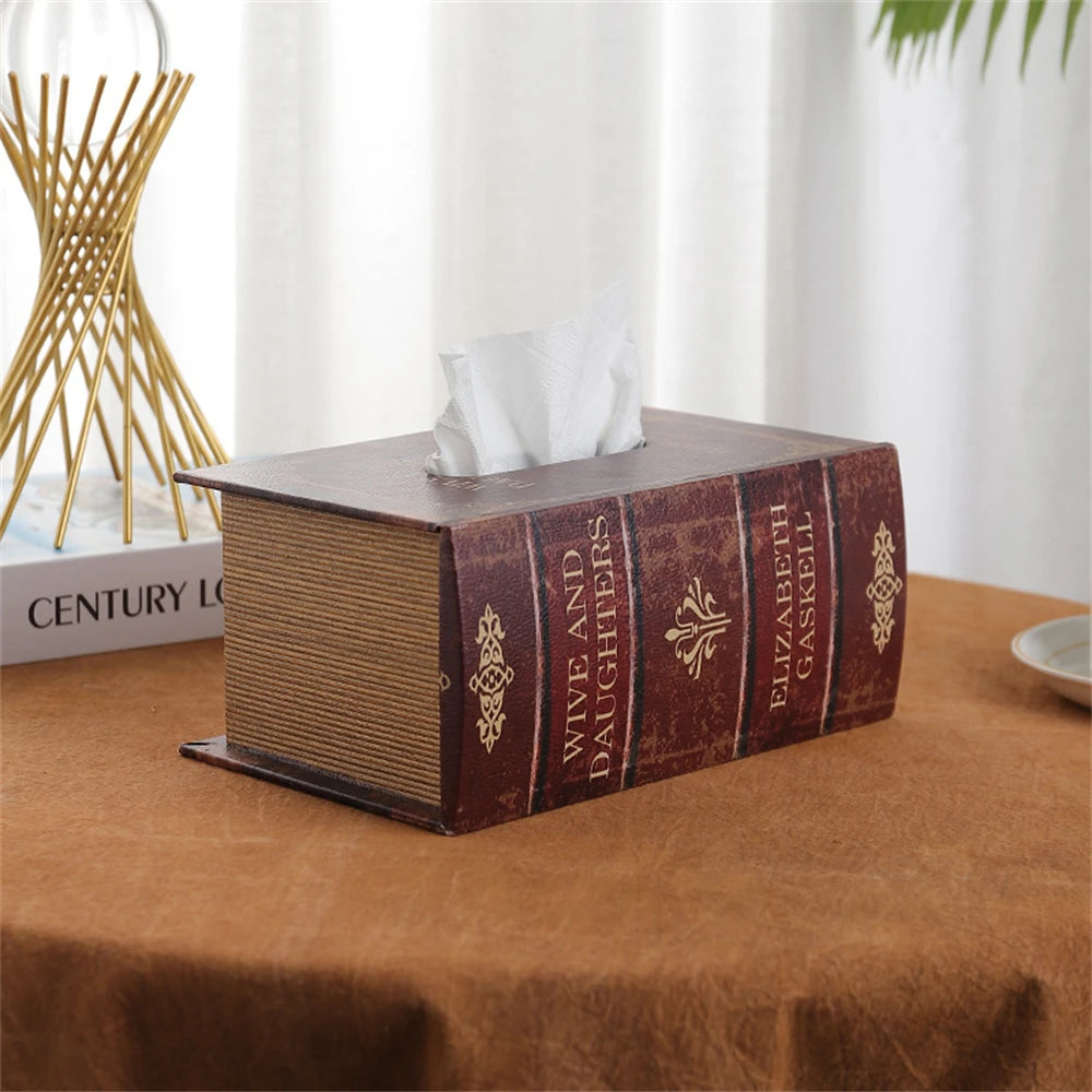 Retro European Simulation Book Tissue Box Wooden Coffee Table Napkin Storage Box Living Room Decoration Leather Tissue Organizer