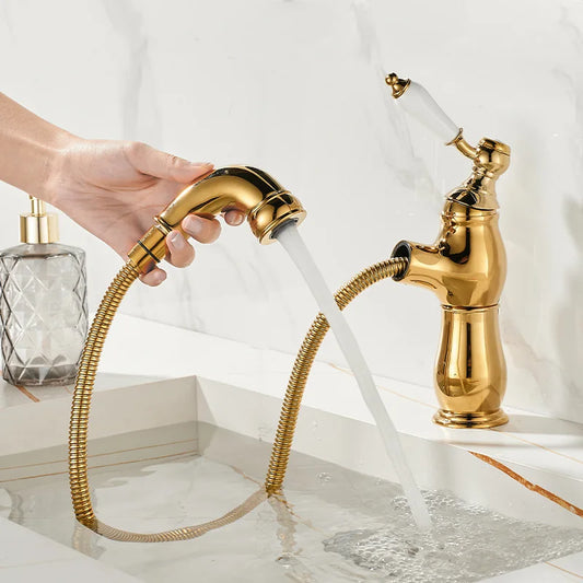 Gold Bathroom Ceramic handle Basin Faucets Pull Out Mixers Sink Faucet Washbasin Taps Water Tap Tapware Crane Brass Material