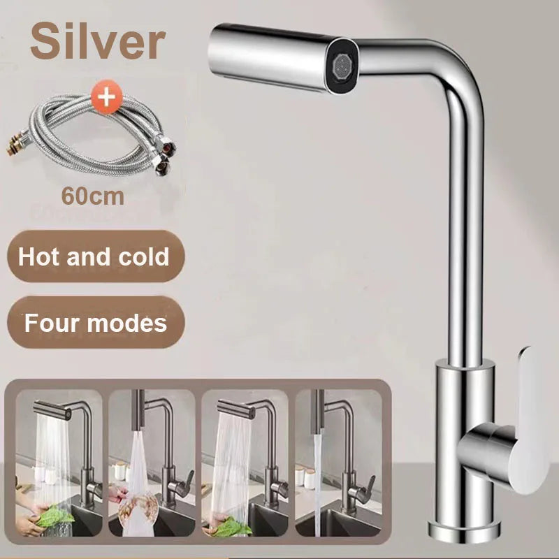 4 Modes Waterfall Kitchen Faucet G1/2 Stainless Steel Hot Cold Single Hole Deck Mounted Water Sink Mixer Wash Tap