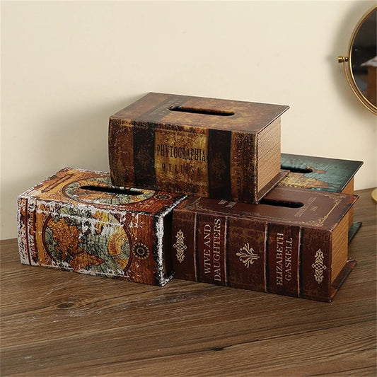 Retro European Simulation Book Tissue Box Wooden Coffee Table Napkin Storage Box Living Room Decoration Leather Tissue Organizer