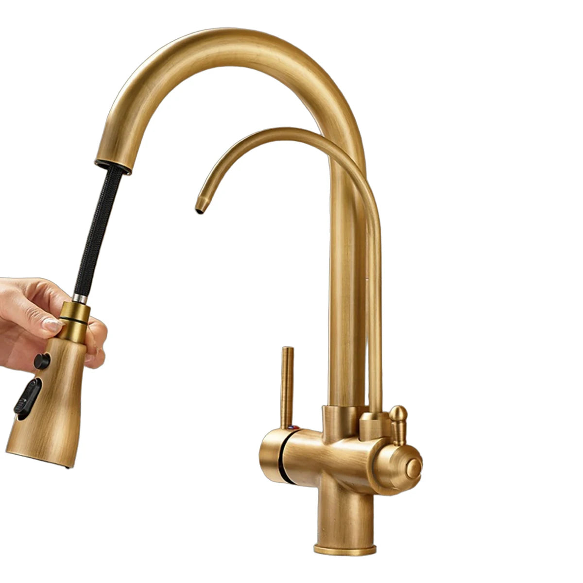 Gold Brass Pull-out Rotating Kitchen Faucet with 360° Swivel - Classic Sink Faucet for Modern Kitchen, Durable Water Faucet
