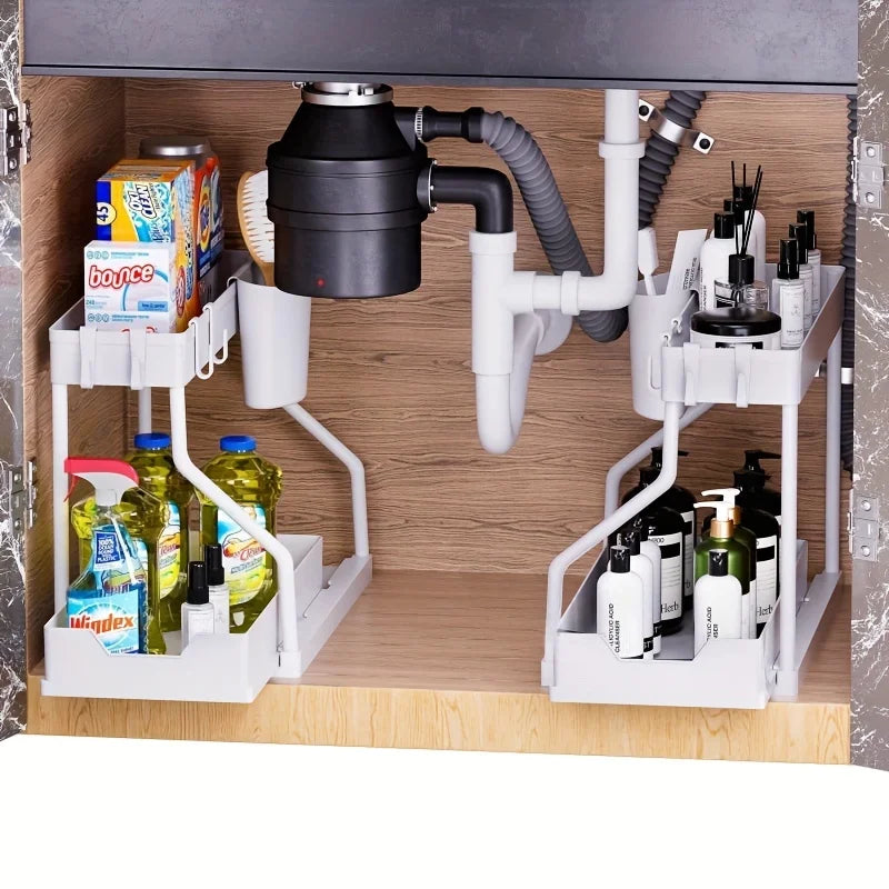 1pc Laoyeboubi 2-Tier Plastic Storage Organizer Pull-Out Drawer Kitchen Bathroom Space-Saving Durable Large Capacity