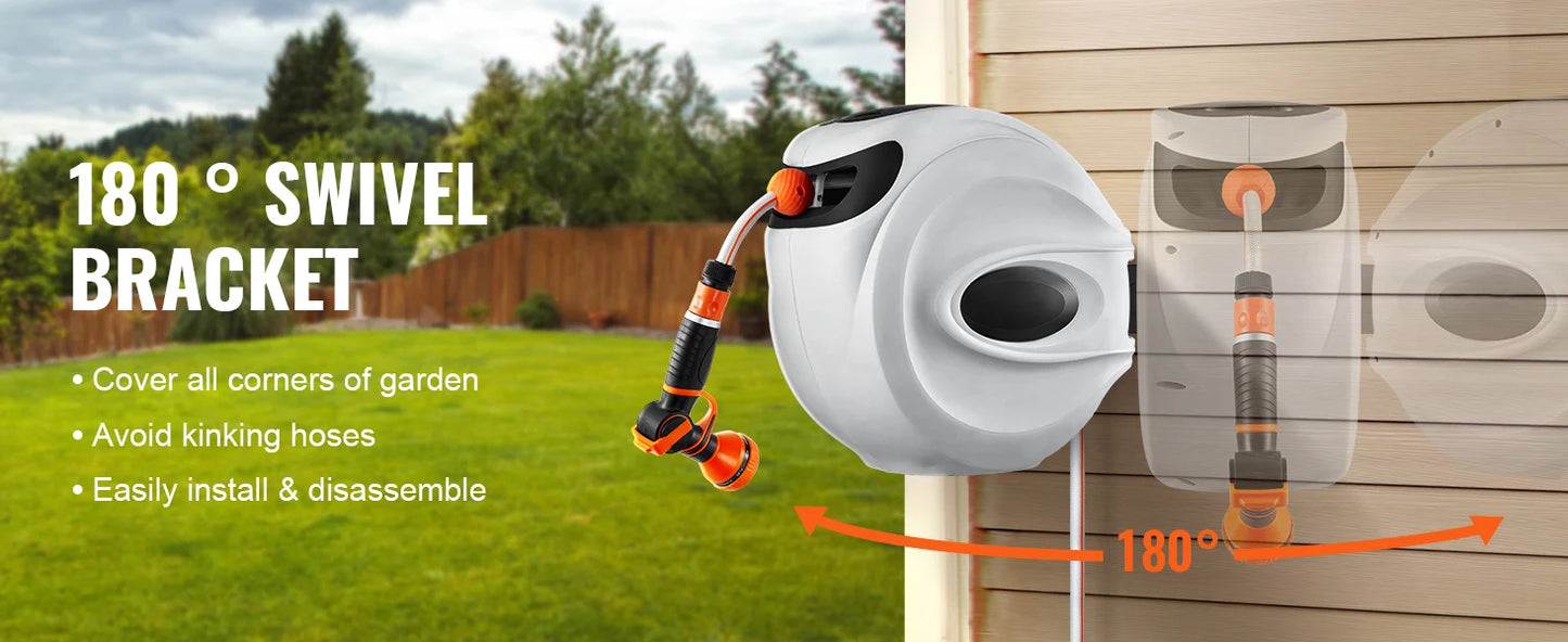 SucceBuy Retractable Hose Reel1/2 inch 180° Swivel Bracket Wall-Mounted Garden Water Hose Reel with 9-Pattern Nozzle and 3 Fast
