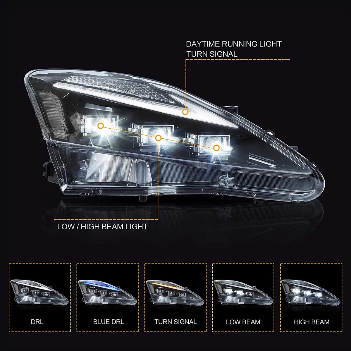 LED Projector Headlights for Lexus IS250 (2006–2012) Includes daytime running lights for enhanced visibility. High-quality automotive upgrade for style and safety.