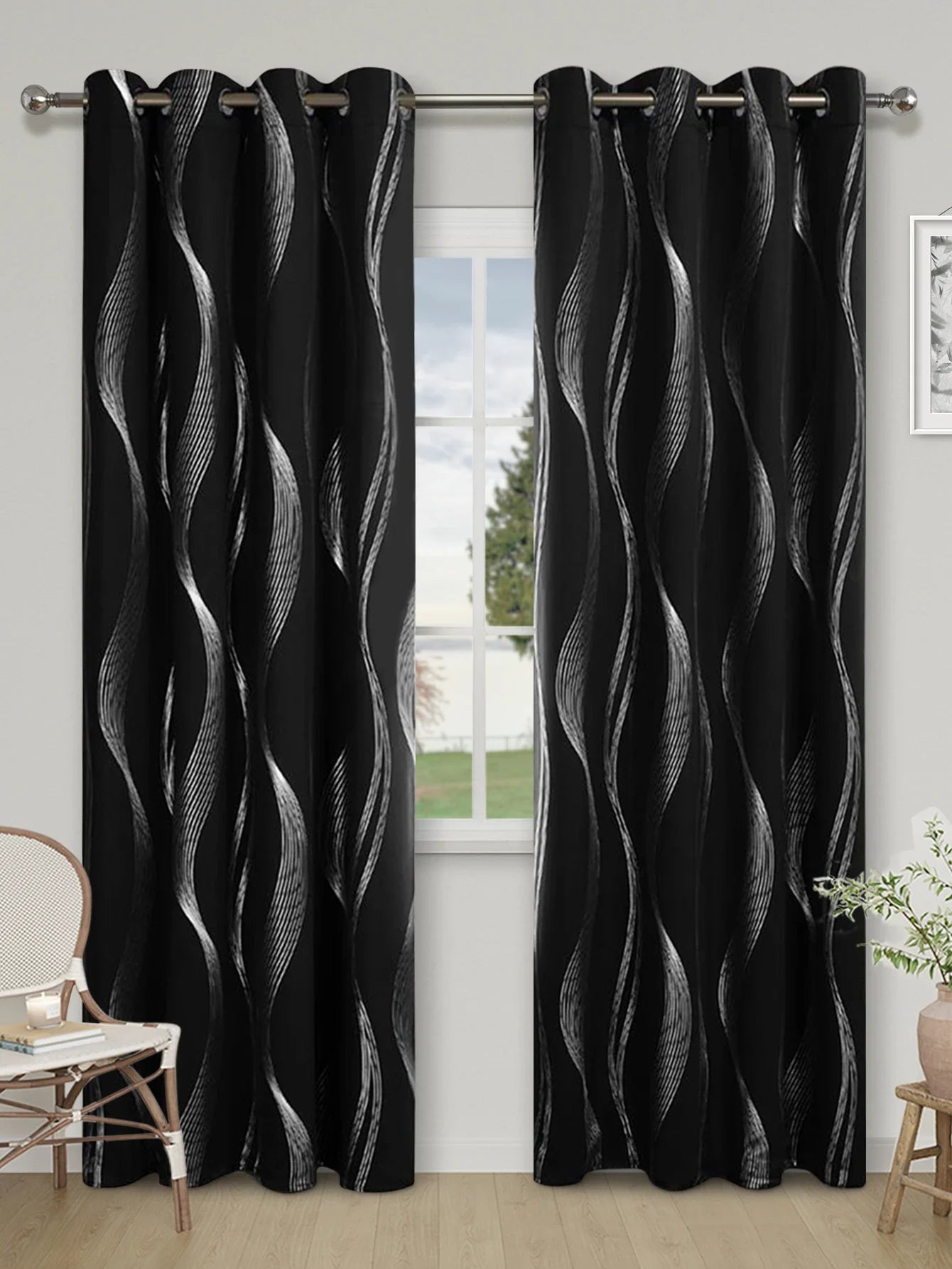 1pc High Precision Silver Embossed Wave Pattern Blackout Curtain, window Curtains for living room bedroom kitchen home decor