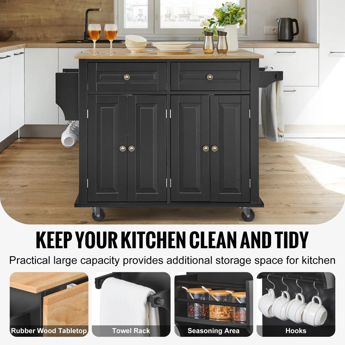 SucceBuy 43" Kitchen Island Cart Wood Top Mobile Carts with Storage Cabinet Rolling Table with Drop Leaf Spice Rack Towel Bar