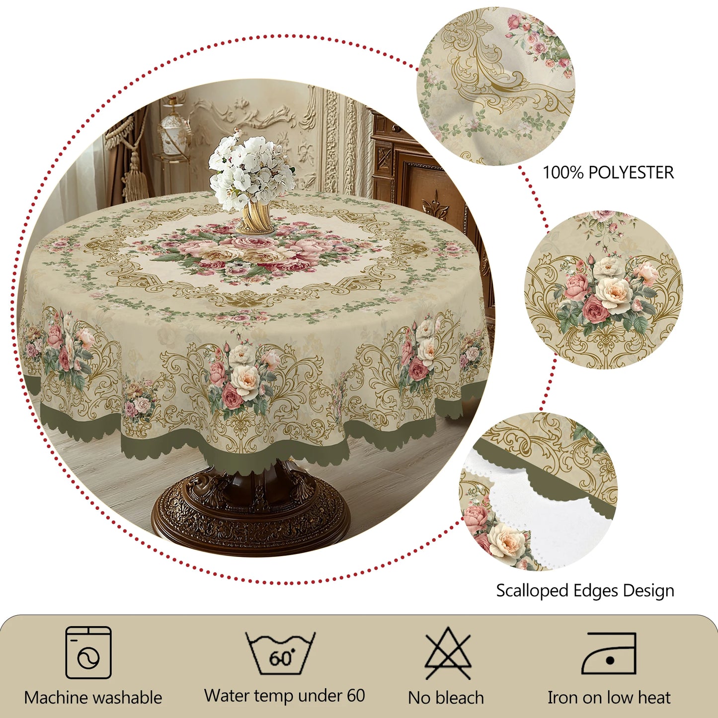 1 Piece of Spring Rose Floral Round and Rectangular Tablecloth, Various Sizes, Retro Pink Rose Pattern Printed Decorative Tablecloth, Retro Luxury Texture, Tablecloth for Home Kitchen, Outdoor Garden, Spring and Summer Home D