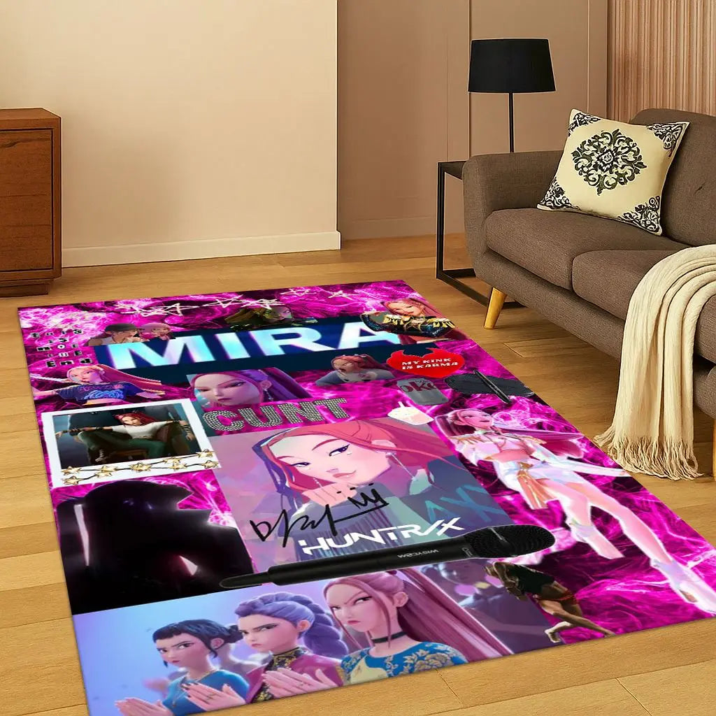 Kpop Demon Hunters Rumi Mira Zoey Music Cartoon Carpet Rug for Bedroom Living Room Sofa Home Decor,Non-slip Floor Mat Gift