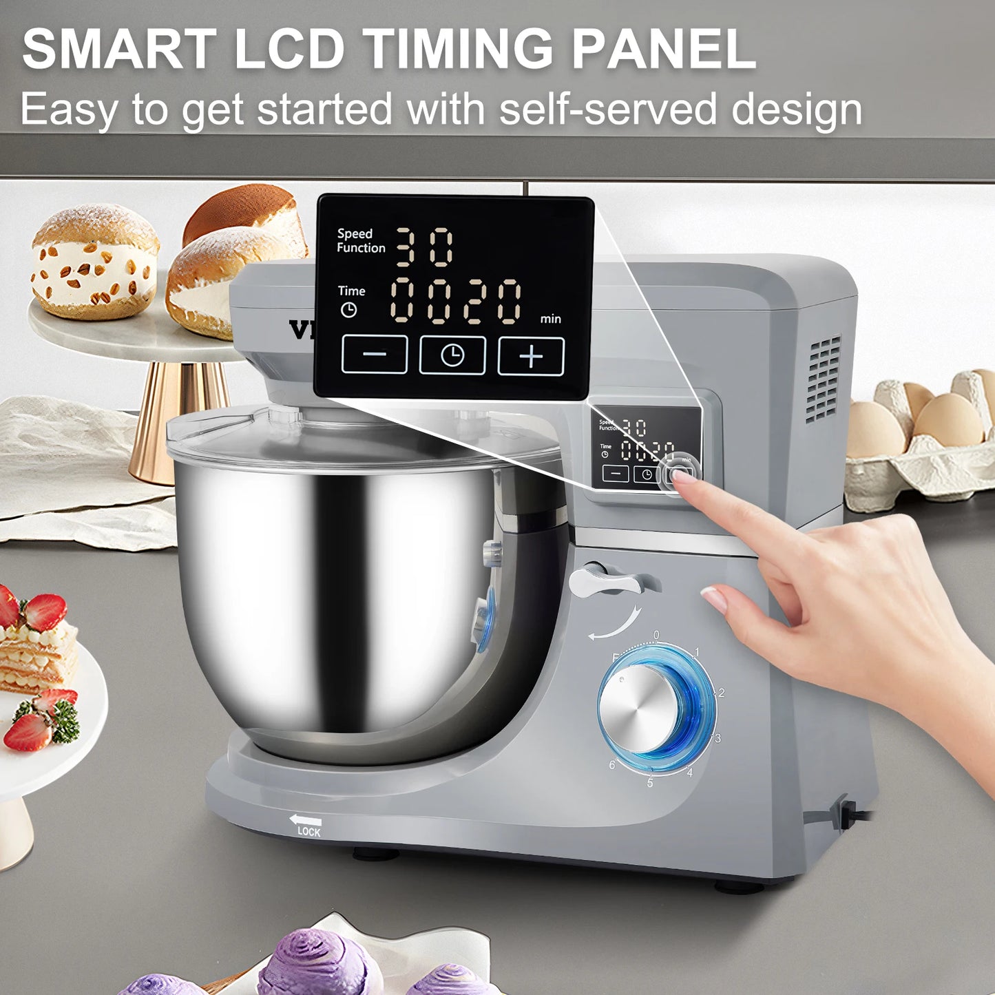 SucceBuy 5 IN 1 Stand Mixer Multifunctional Electric Mixer with 6 Speeds LCD Screen Timing 7.4 Qt Stainless Bowl Dough Hook