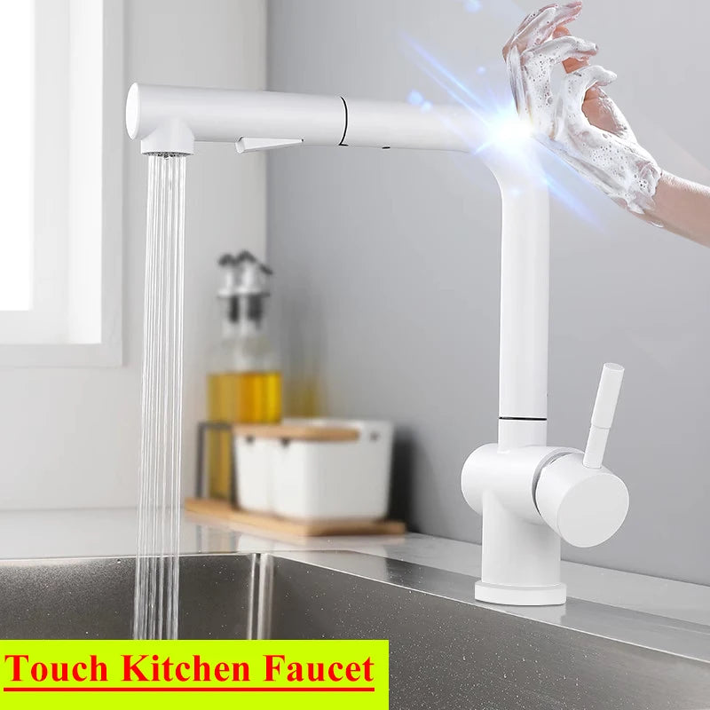 White Touch Kitchen Sink Faucets Hot Cold Pull Out Kitchen Sink Mixer Tap 304 Stainless Steel Sensor Touch on Kitchen Faucet