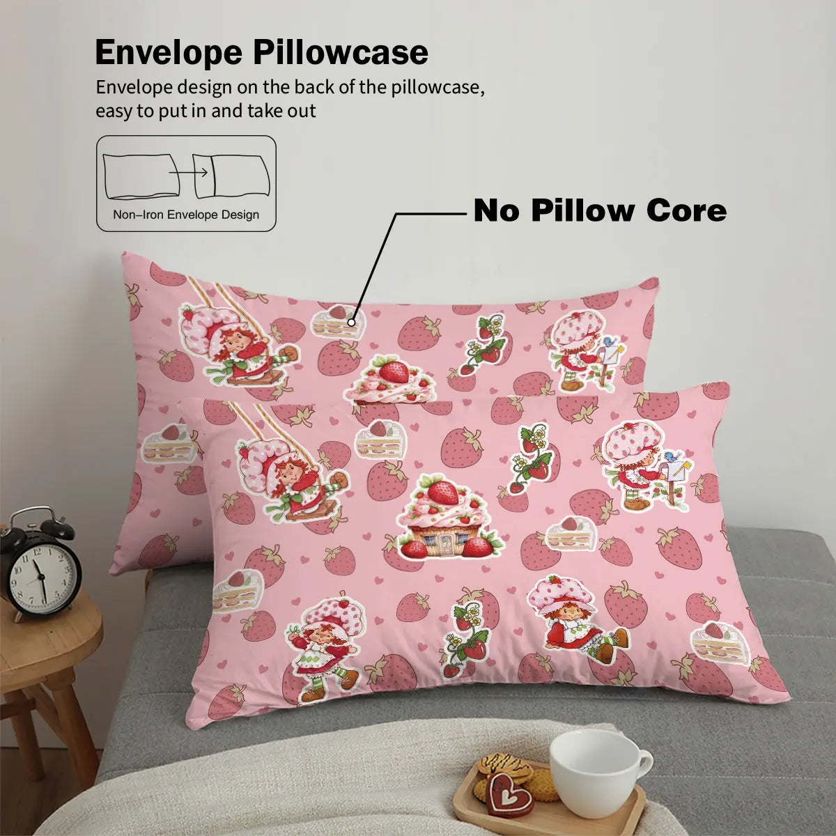 3pcs Pink Strawberry Girl Printed Down Duvet Cover Set, Multi Size Bedroom Bedding Decoration, Machine Washable