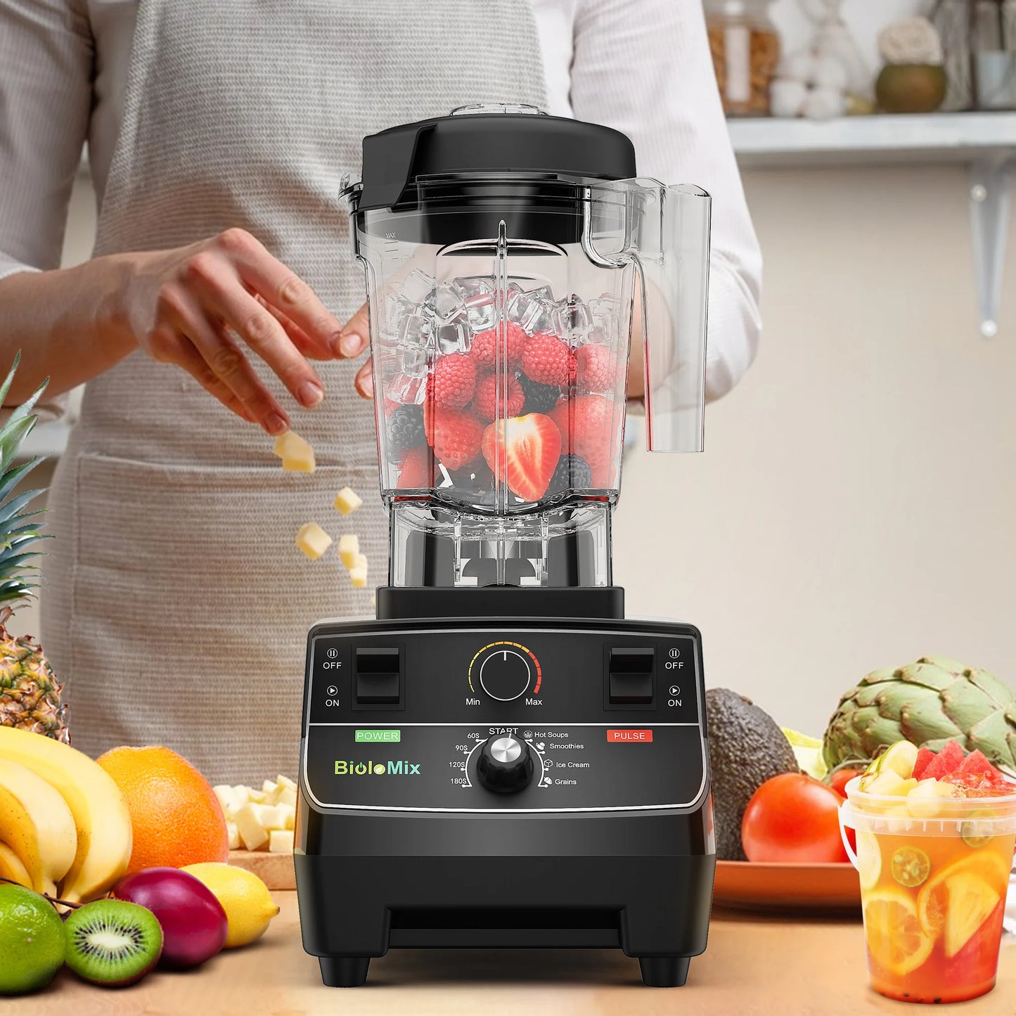 BioloMix 2200W High Power Smart Blender with Pre Programmed Modes 2L Round Jar Perfect for Smoothies Ice Crusher and Food Prep