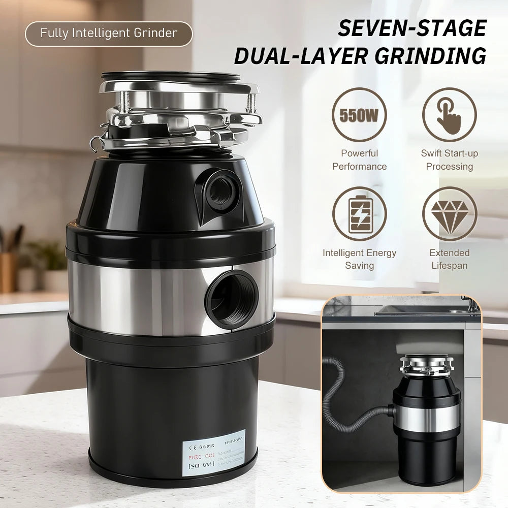 Electric Kitchen Food Waste Disposer – Heavy-Duty Under-sink garbage disposal unit with 220V, 550W power. Efficiently grinds food waste for easy kitchen cleanup.