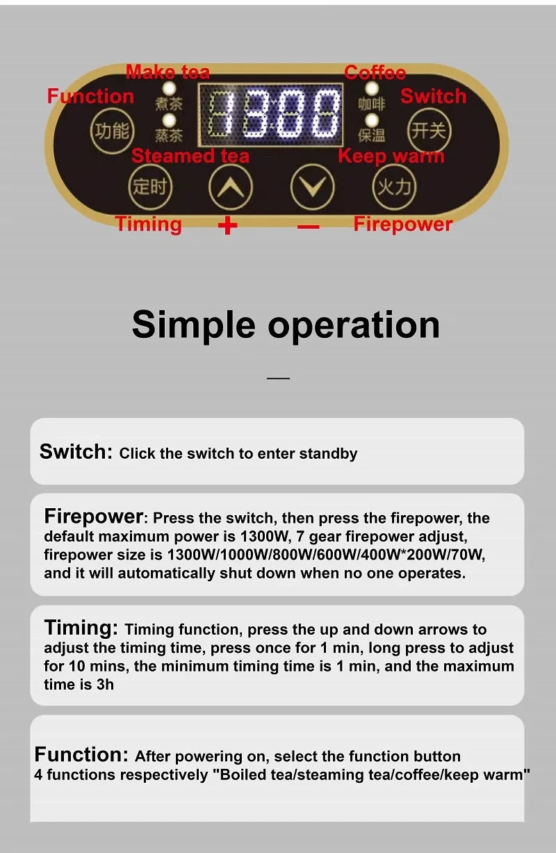 220V Electric Ceramic Stove Tea Stove Electric Hot Plate Heater Stove 7 Gear Heating Furnace Smart Tea Maker Water Boiler 1300W