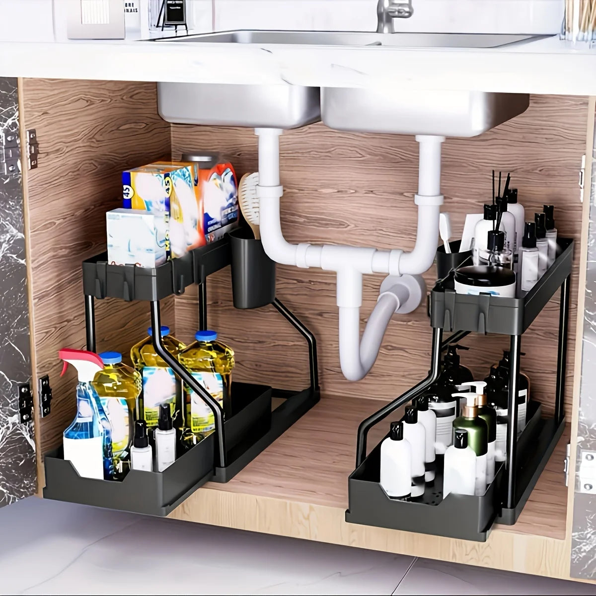 1pc Laoyeboubi 2-Tier Plastic Storage Organizer Pull-Out Drawer Kitchen Bathroom Space-Saving Durable Large Capacity