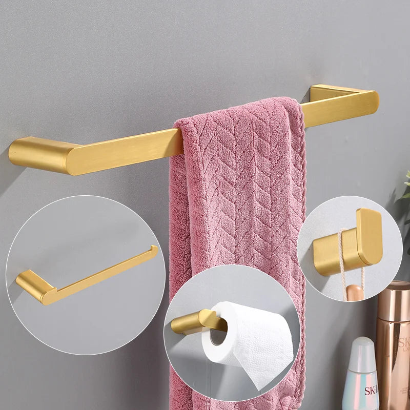 Brushed Gold  Bathroom Accessories Sets 4 Wall Mounted Towel Bar Robe Hooks Toilet Paper Roll Holder Stainless Steel Hardware