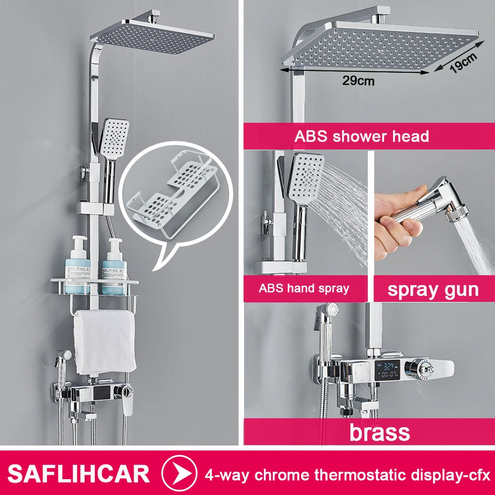 Black Display Thermostatic Shower Faucet Set Rainfall Bathtub Tap With Bathroom Shelf Water Flow Produces Electricity