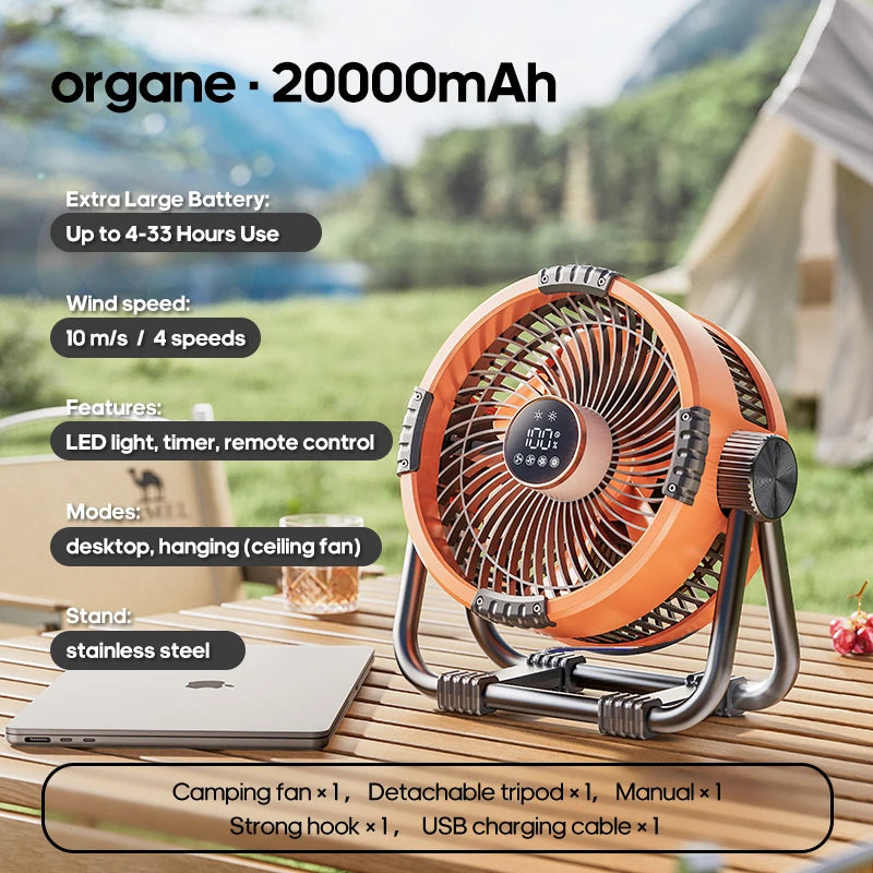 Portable 6 in 1 Outdoor Camping Fan 20000mAh Rechargeable Wireless Tent Ceiling Fan 4 Speed Adjustment LED Lighting Power Bank