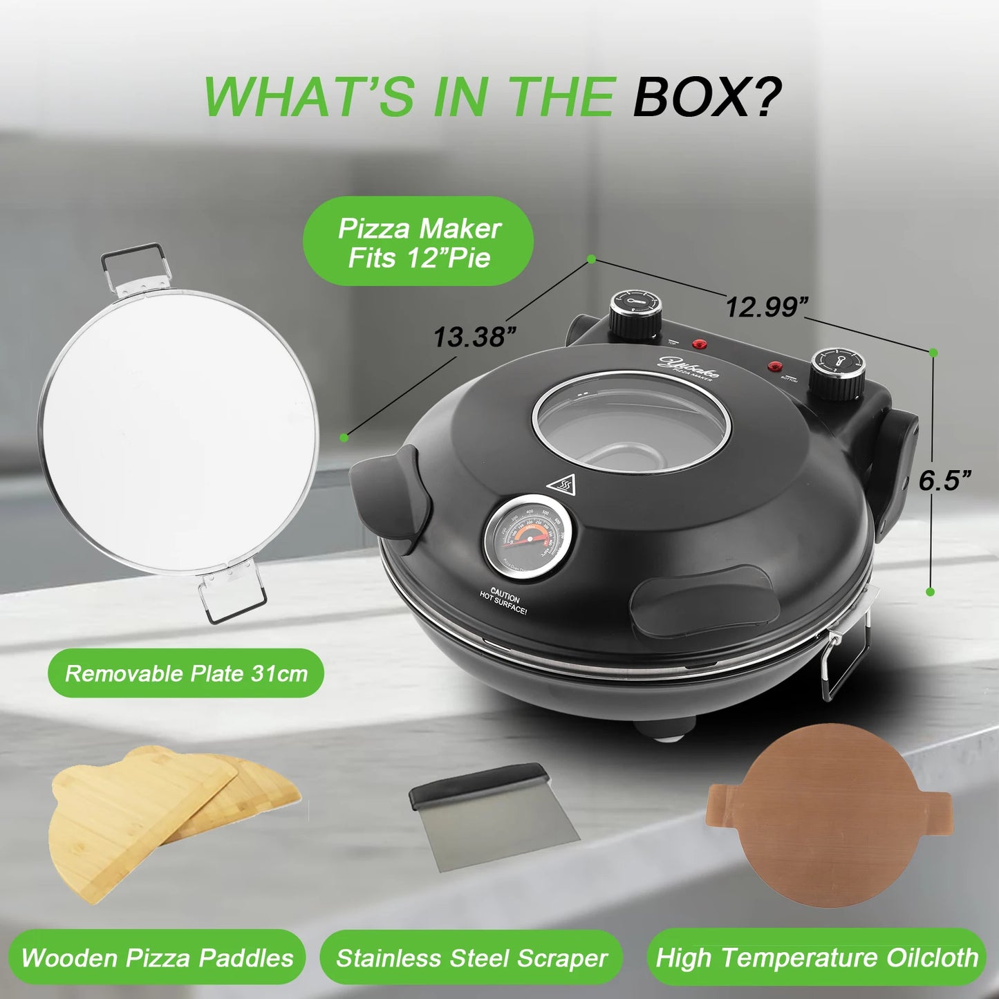 12 Inch Electric Pizza Oven Indoor 1200 Watt Glazed Ceramic Stone Cooker Two-button Precise Temperature Control Heats up 420℃