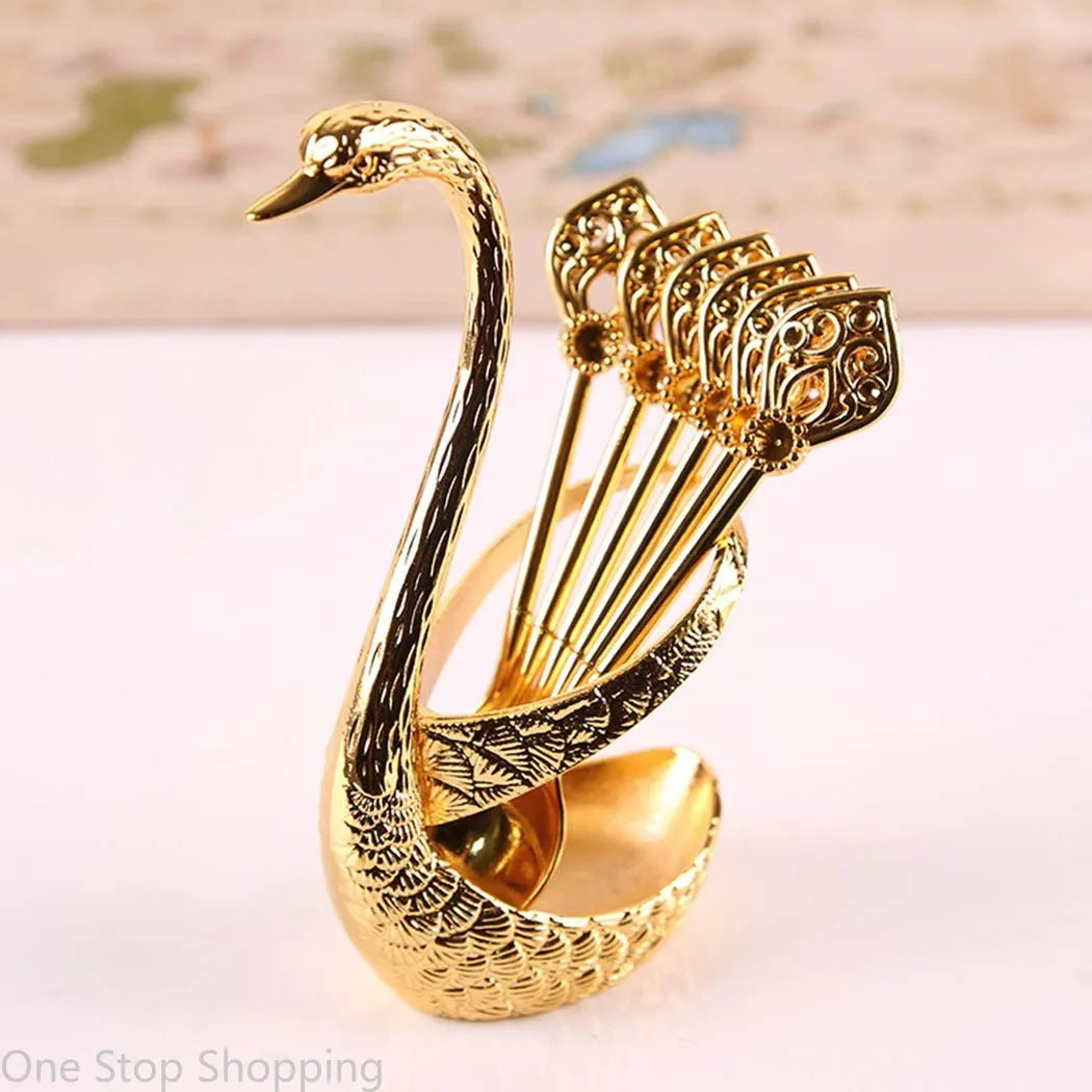 Creative Dinnerware Set Swan Base Holder Decorative Stainless Steel with 6 Spoons for Coffee Fruit Dessert Stirring Mixing