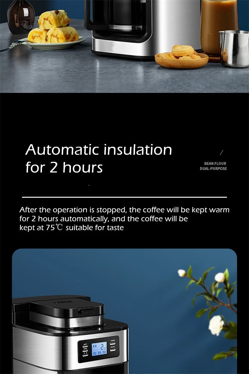 Fully automatic American coffee machine，Coffee beans or powder can be used，Electric grinding drip coffee machine 2-in-1