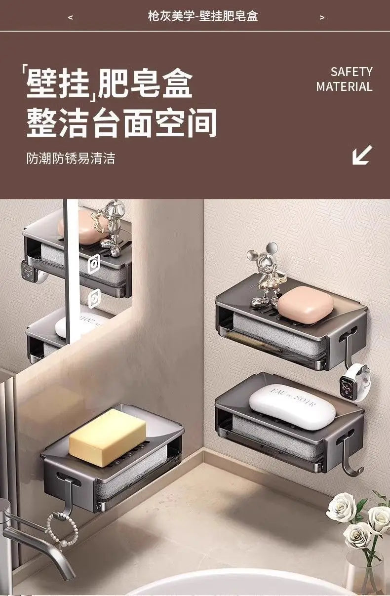 Bathroom Punching Free Household Wall Mounted Space Aluminum Toilet Shelf Soap Drainer Sponge