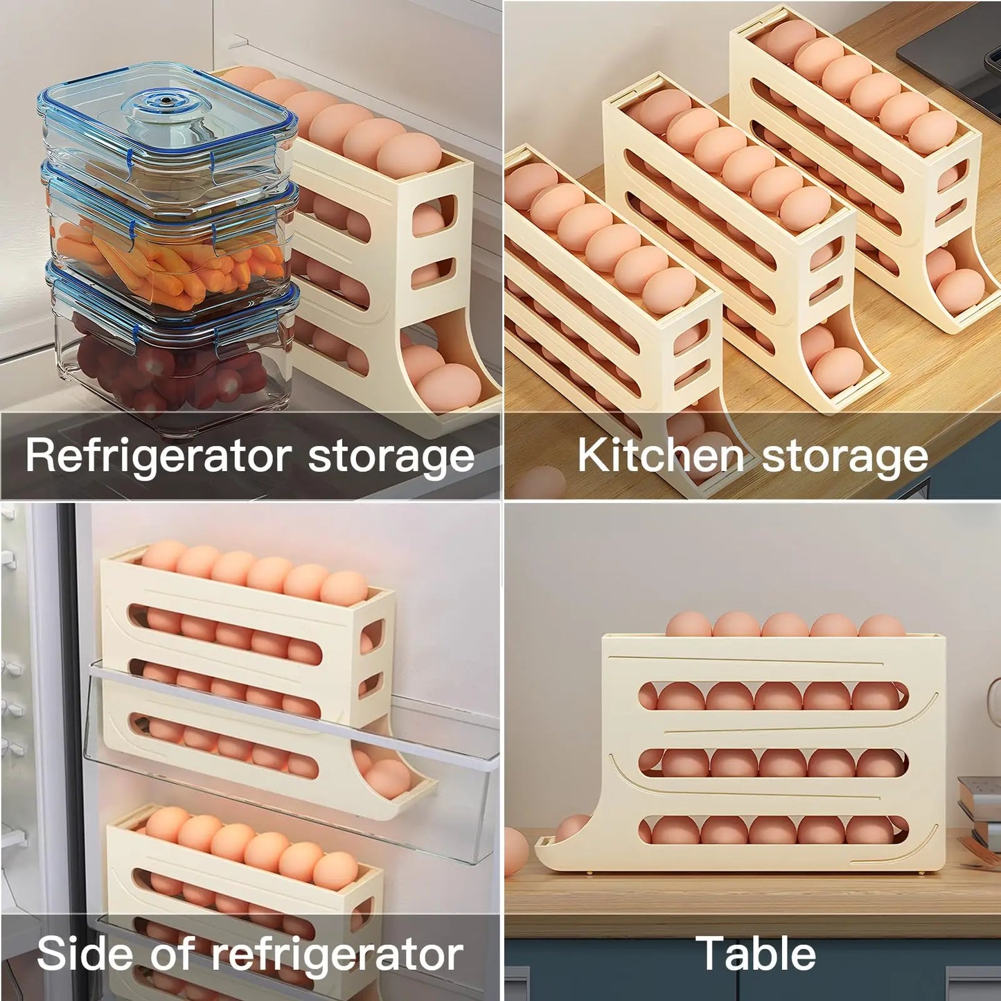 NASAN Egg Holder Egg Dispenser Auto Rolling Egg Tray Storage Organizer Space-Saving Egg Roller Rack 4 Tier Rolling Egg Holders