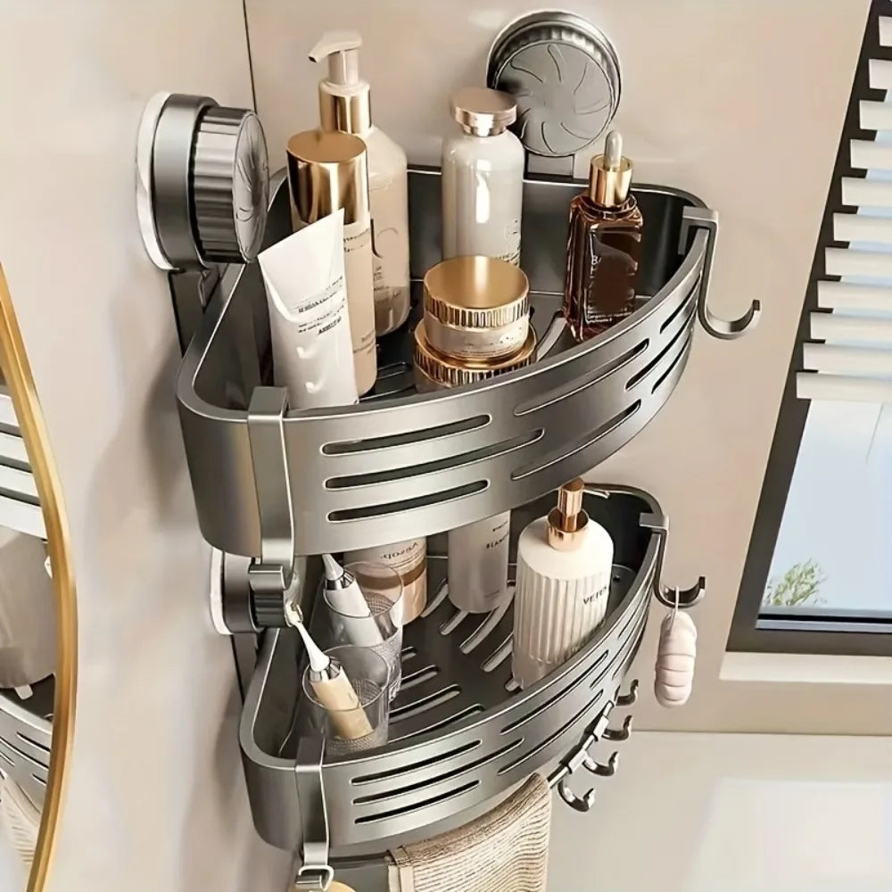 Triangular Space-Saving Suction Cup Bathroom Storage Shelf  No Drilling Required Multifunctional Storage Organizer with Hooks