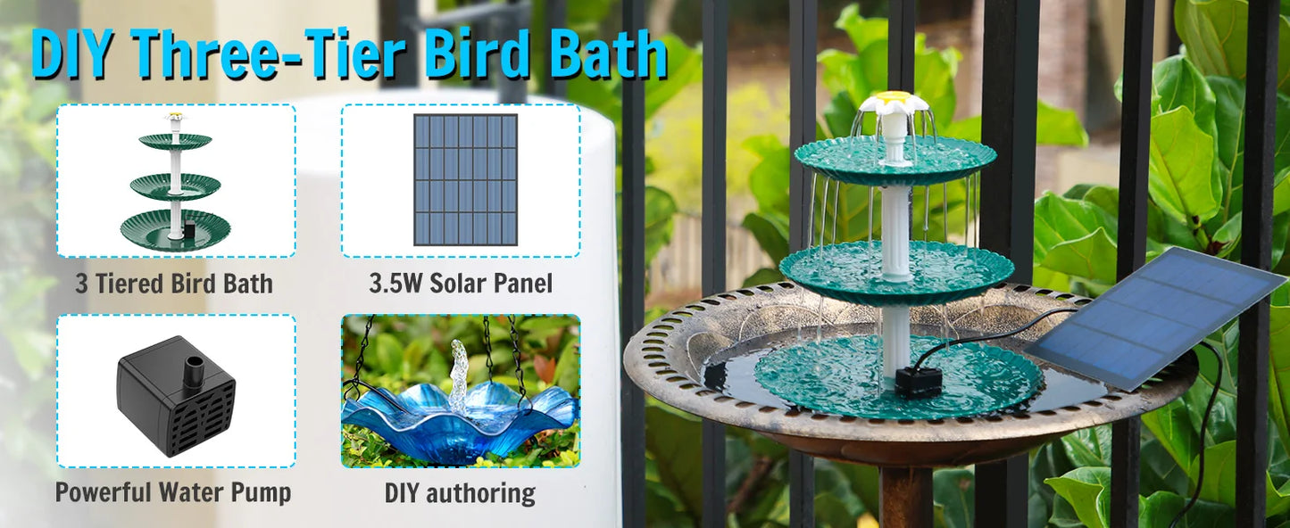 3-Tier Solar Bird Bath Fountain 3.5W solar pump, detachable 3-tier design. Attracts birds with flowing water – no wiring needed. Perfect garden & patio decor.