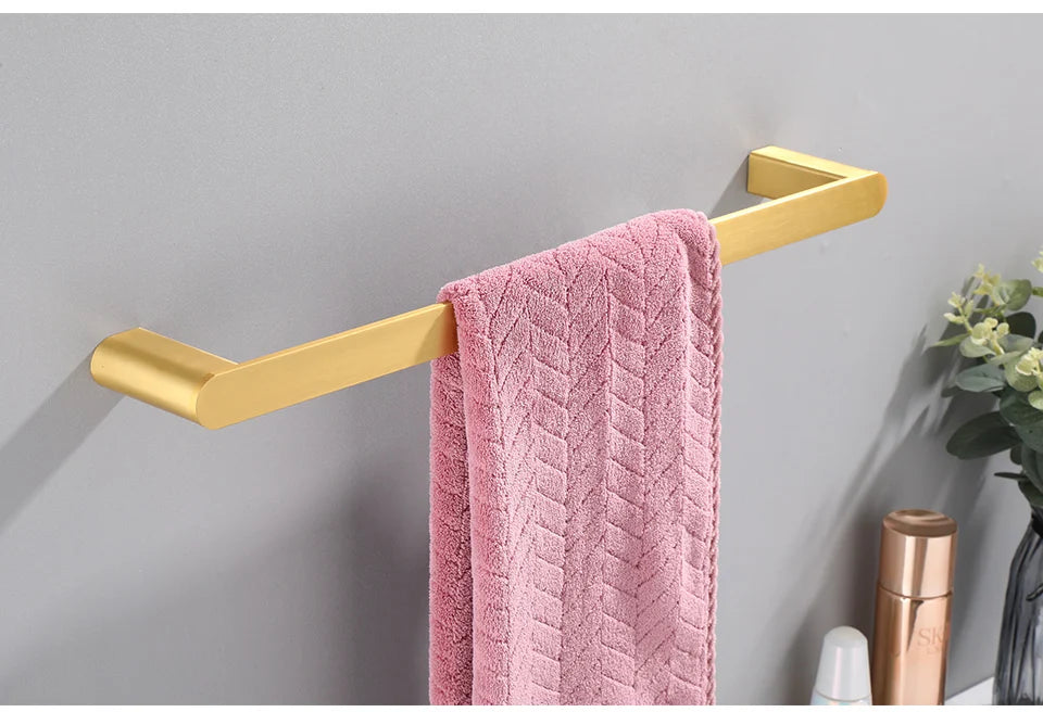 Brushed Gold  Bathroom Accessories Sets 4 Wall Mounted Towel Bar Robe Hooks Toilet Paper Roll Holder Stainless Steel Hardware