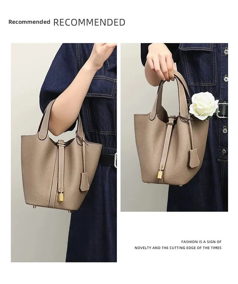 Women’s Leather Bucket Handbag A soft, stylish summer essential featuring a modern basket design with a convenient mobile phone pocket.