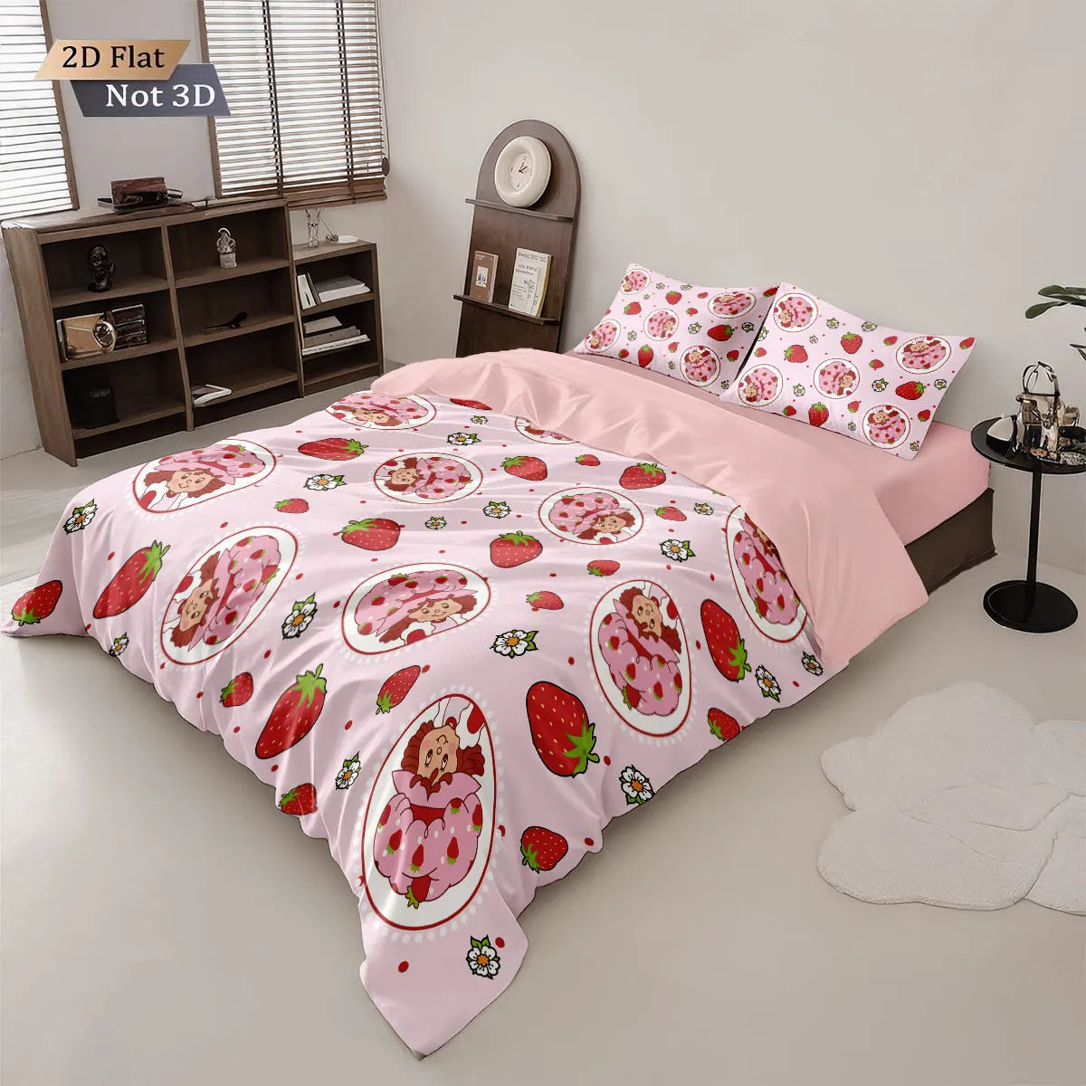 3pcs Pink Strawberry Girl Printed Down Duvet Cover Set, Multi Size Bedroom Bedding Decoration, Machine Washable