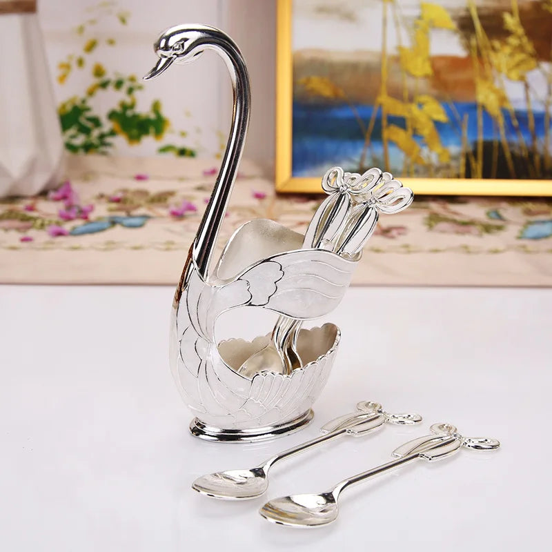 Creative Dinnerware Set Swan Base Holder Decorative Stainless Steel with 6 Spoons for Coffee Fruit Dessert Stirring Mixing