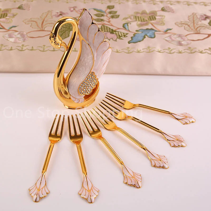 Creative Dinnerware Set Swan Base Holder Decorative Stainless Steel with 6 Spoons for Coffee Fruit Dessert Stirring Mixing
