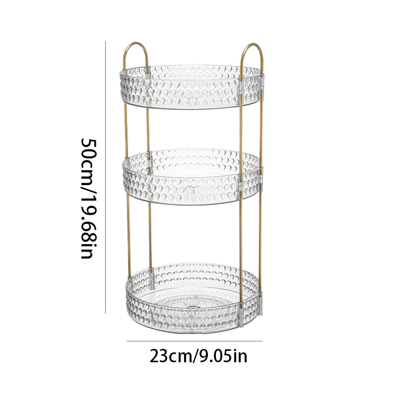 360° Rotating Cosmetic Organizer – 3-Tier Design Transparent diamond pattern rack with smooth rotation. Stylish, space-saving storage for bathroom or vanity essentials.
