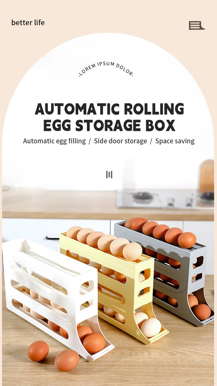 NASAN Egg Holder Egg Dispenser Auto Rolling Egg Tray Storage Organizer Space-Saving Egg Roller Rack 4 Tier Rolling Egg Holders